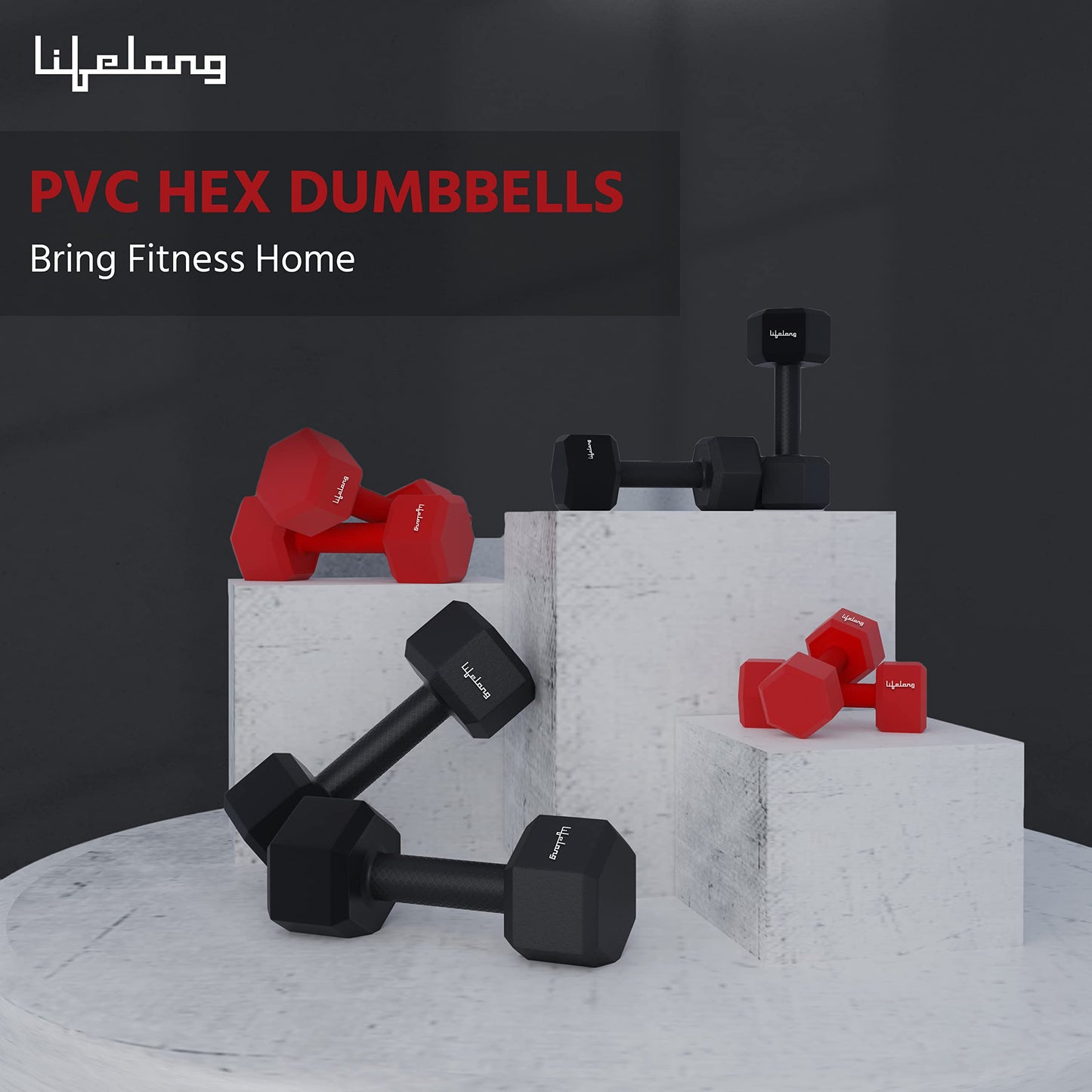 Lifelong PVC Hex Fixed Dumbbells Pack of 2 (2kg*2) Black Color for Gym Equipment Fitness Barbell|Gym Exercise|Workout, Gym Weights for Men & Women (6 Months Warranty) - VibeDroid