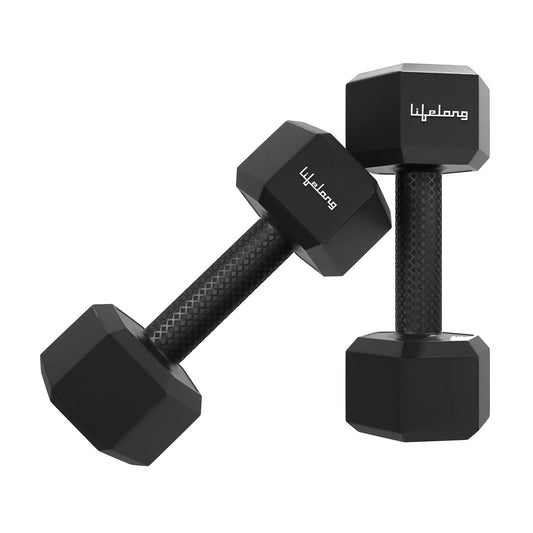 Lifelong PVC Hex Fixed Dumbbells Pack of 2 (2kg*2) Black Color for Gym Equipment Fitness Barbell|Gym Exercise|Workout, Gym Weights for Men & Women (6 Months Warranty) - VibeDroid
