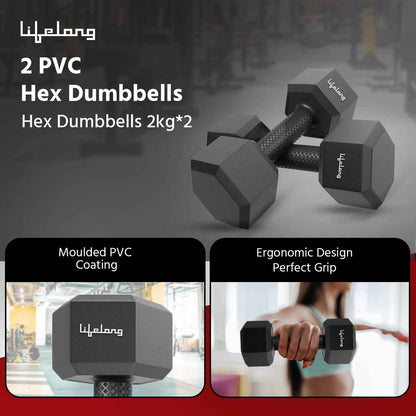Lifelong PVC Hex Fixed Dumbbells Pack of 2 (2kg*2) Black Color for Gym Equipment Fitness Barbell|Gym Exercise|Workout, Gym Weights for Men & Women (6 Months Warranty)