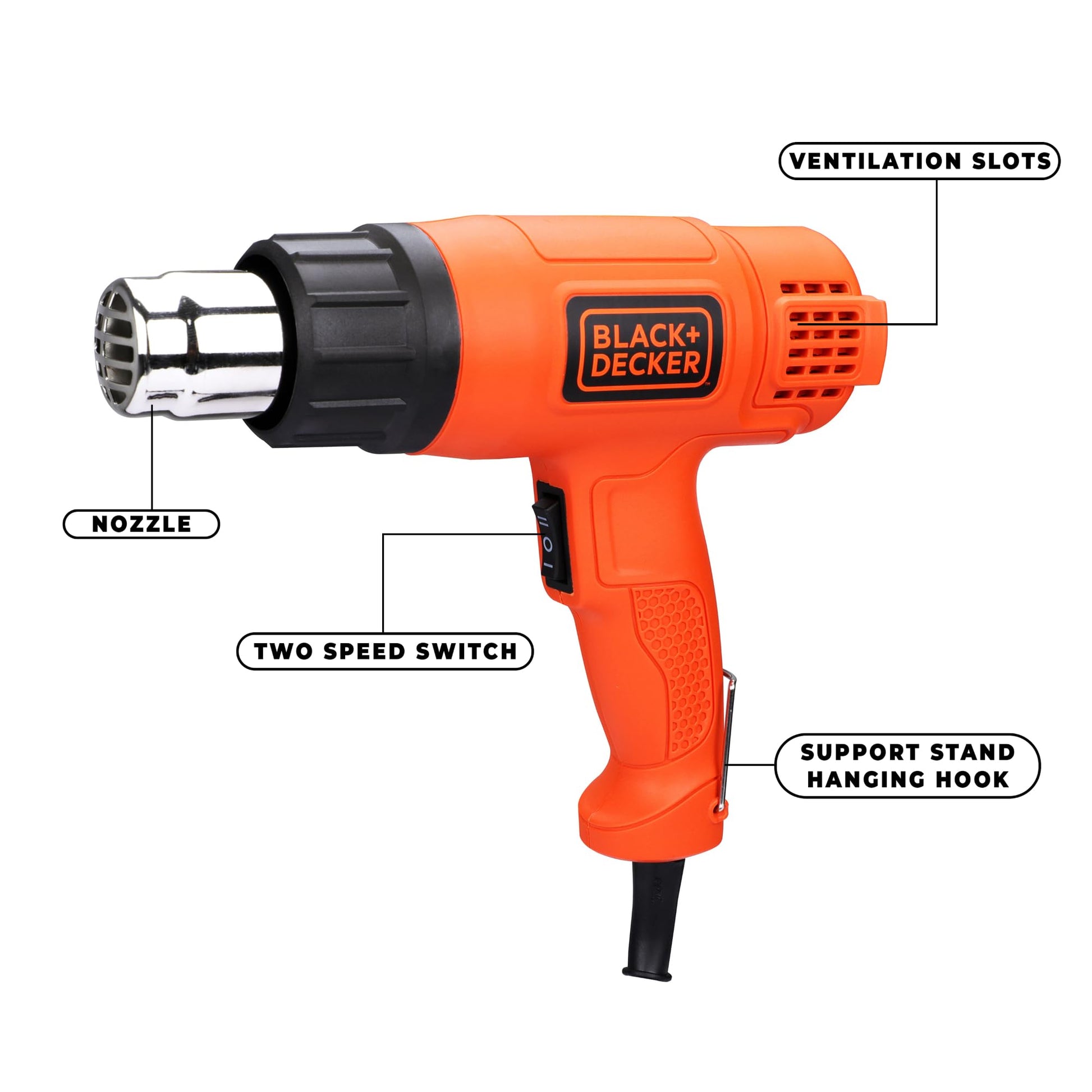 BLACK+DECKER KX1800-B1, 1800 W, Dual Temperature High Speed Corded Heat Gun for Removing & Drying Paint Coats, Remelting Adhesives & Shrink Wrapping, 3 Metre Cable, Orange & Black - VibeDroid