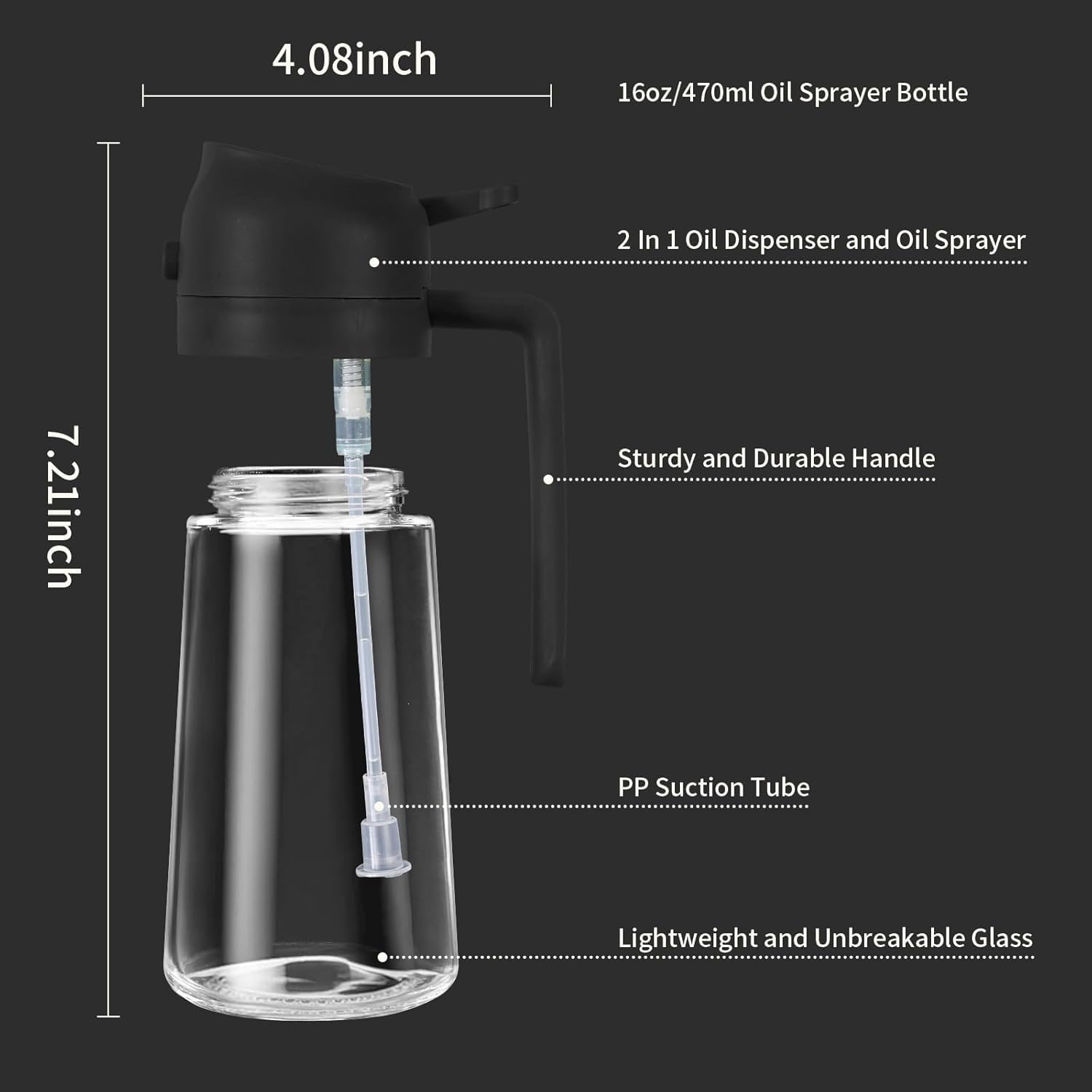 Misamo Enterprise 500ml Glass Oil Sprayer Dispenser Bottle - 2-in-1 Design for Kitchen, Black - VibeDroid