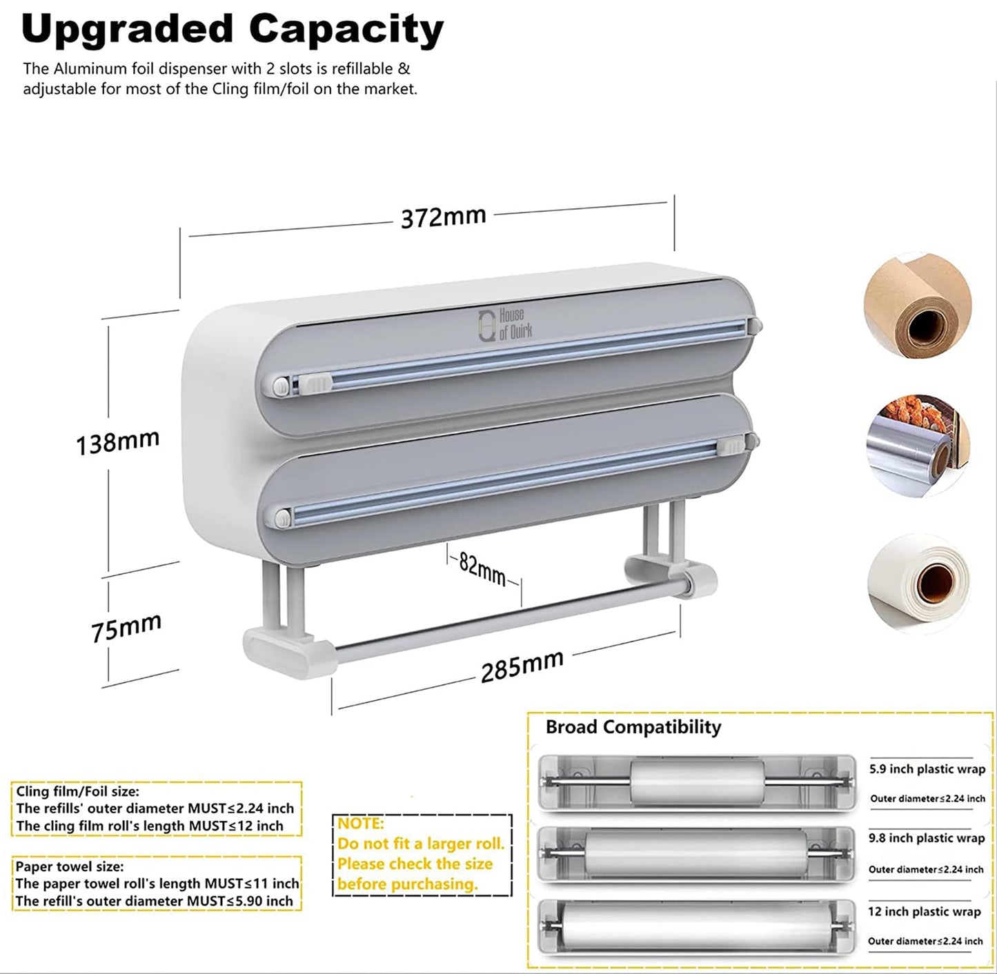 House of Quirk Magnetic Plastic Wrap Dispenser with Cutter, 3 in 1 Aluminum Foil and Plastic Wrap Organizer with Paper Towel Holder, Compatible with Cling Film, Tin Foil and Roti Paper Cutter (Grey) - VibeDroid