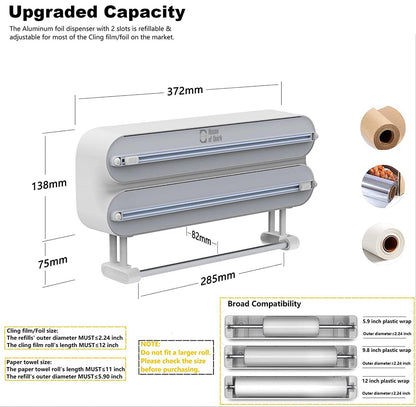 House of Quirk Magnetic Plastic Wrap Dispenser with Cutter, 3 in 1 Aluminum Foil and Plastic Wrap Organizer with Paper Towel Holder, Compatible with Cling Film, Tin Foil and Roti Paper Cutter (Grey) - VibeDroid