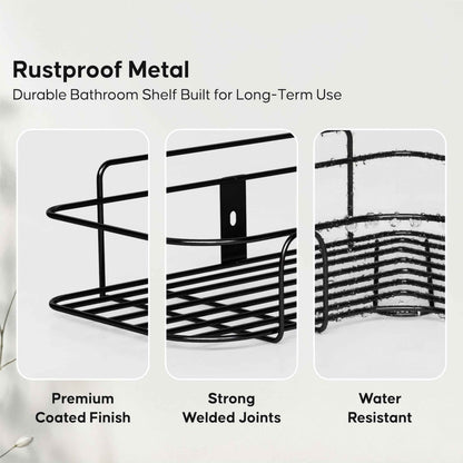 DALUCI Set of 2 Metal Bathroom Corner Shelf Rack | No Drilling Self Adhesive Wall Mounted Storage Organizer for Bathroom & Kitchen | Rustproof Bathroom Shelves (8 & 9 INCH, Black)