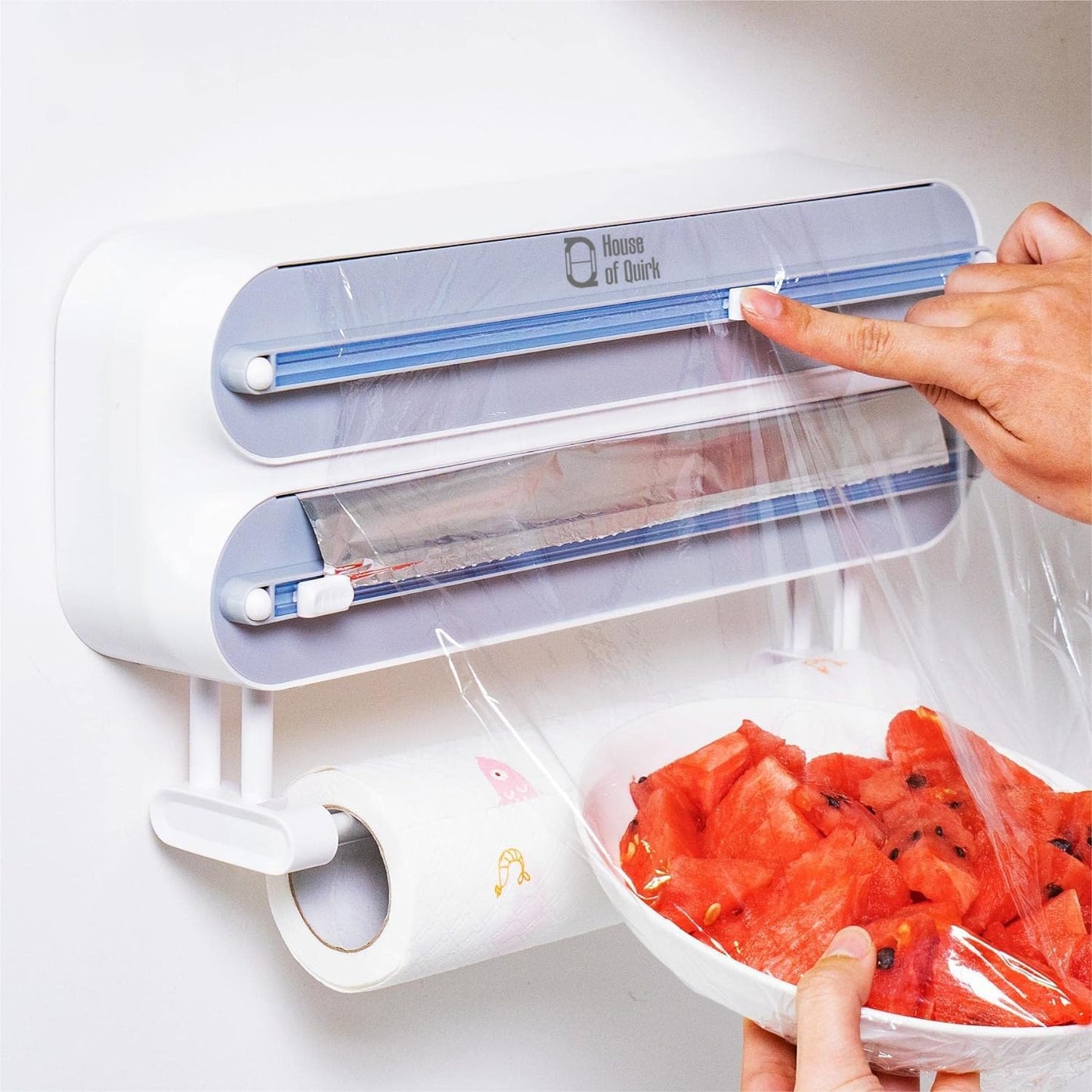 House of Quirk Magnetic Plastic Wrap Dispenser with Cutter, 3 in 1 Aluminum Foil and Plastic Wrap Organizer with Paper Towel Holder, Compatible with Cling Film, Tin Foil and Roti Paper Cutter (Grey) - VibeDroid
