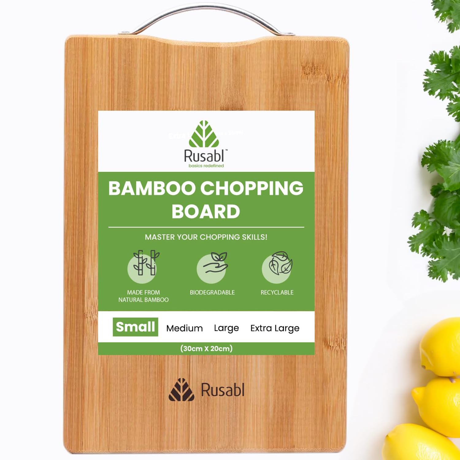 Rusabl Bamboo Wooden Chopping Board with Metal Handle, Multipurpose Cutting Board for Vegetables, Fruits & Cheese, for Kitchen Use, BPA Free, Eco-Friendly, Anti-Microbial (S, 30 x 20 cms) - VibeDroid