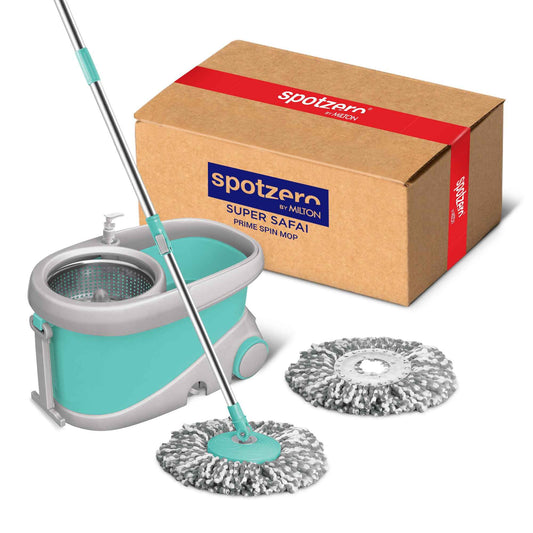 Spotzero by Milton Prime Stainless Steel Wringer Spin Mop with Big Wheel, Puller Handle, Bucket Floor Cleaning and Mopping System 360° Flexible,2 Microfiber Refills, Big Size, Aqua Green - Home