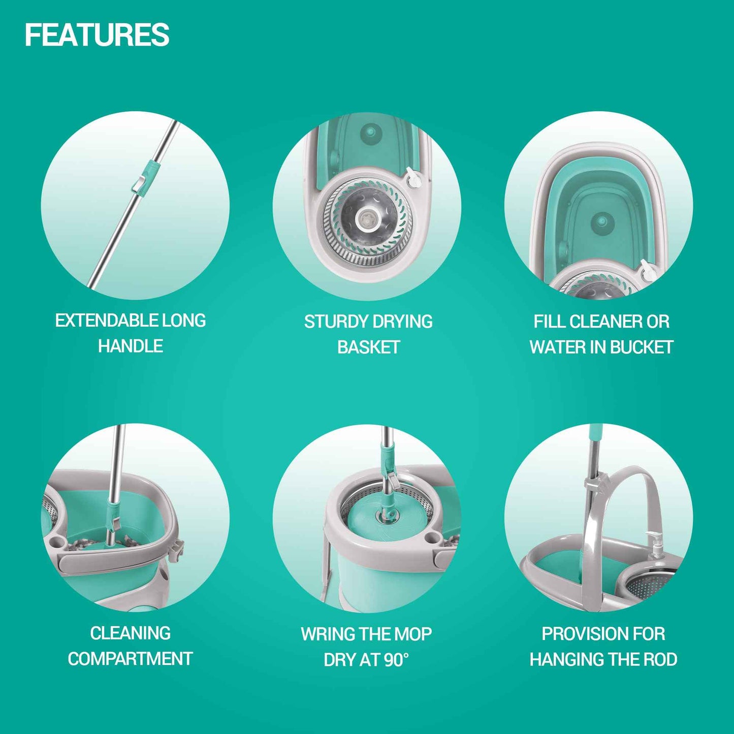 Spotzero by Milton Prime Stainless Steel Wringer Spin Mop with Big Wheel, Puller Handle, Bucket Floor Cleaning and Mopping System 360° Flexible,2 Microfiber Refills, Big Size, Aqua Green - Home