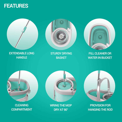 Spotzero by Milton Prime Stainless Steel Wringer Spin Mop with Big Wheel, Puller Handle, Bucket Floor Cleaning and Mopping System 360° Flexible,2 Microfiber Refills, Big Size, Aqua Green - Home