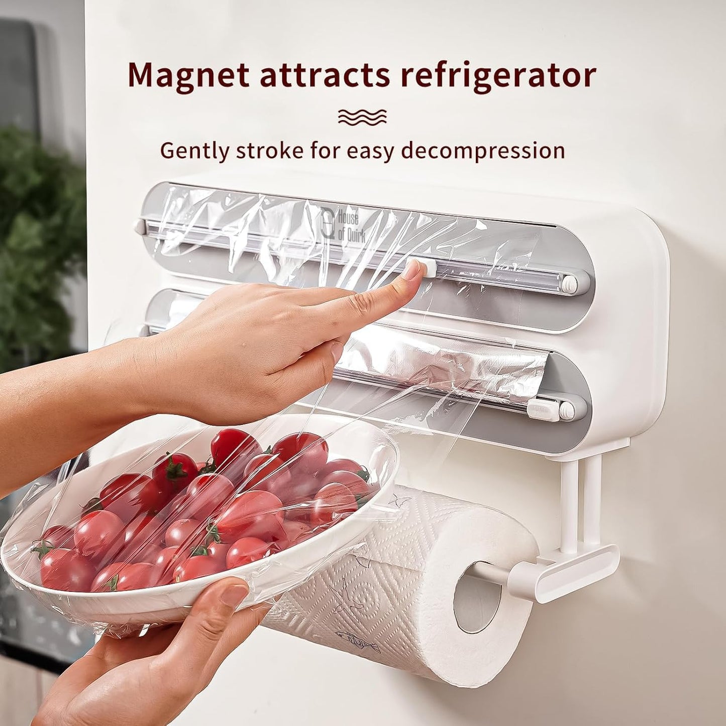 House of Quirk Magnetic Plastic Wrap Dispenser with Cutter, 3 in 1 Aluminum Foil and Plastic Wrap Organizer with Paper Towel Holder, Compatible with Cling Film, Tin Foil and Roti Paper Cutter (Grey) - VibeDroid