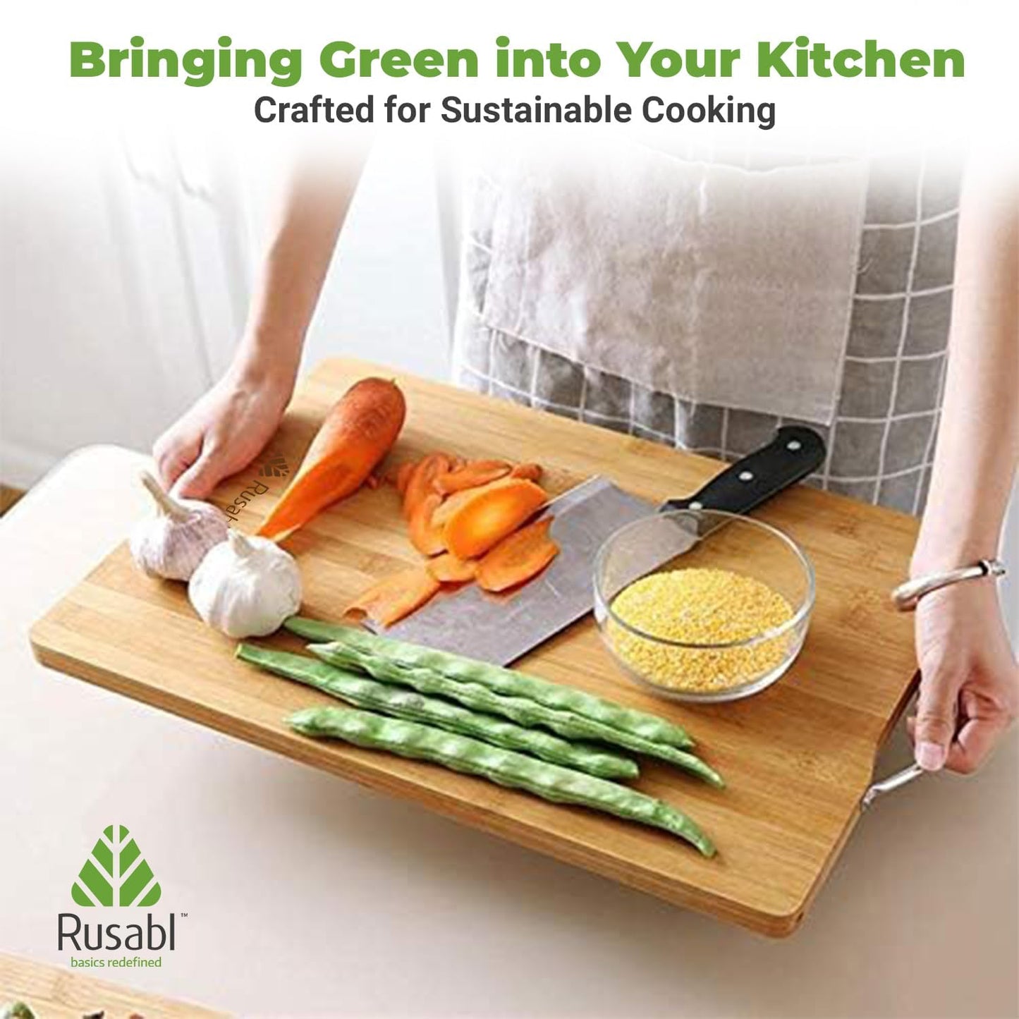 Rusabl Bamboo Wooden Chopping Board with Metal Handle, Multipurpose Cutting Board for Vegetables, Fruits & Cheese, for Kitchen Use, BPA Free, Eco-Friendly, Anti-Microbial (S, 30 x 20 cms) - VibeDroid
