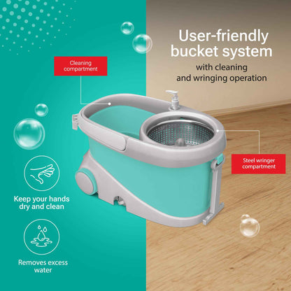 Spotzero by Milton Prime Stainless Steel Wringer Spin Mop with Big Wheel, Puller Handle, Bucket Floor Cleaning and Mopping System 360° Flexible,2 Microfiber Refills, Big Size, Aqua Green - Home