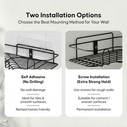 DALUCI Set of 2 Metal Bathroom Corner Shelf Rack | No Drilling Self Adhesive Wall Mounted Storage Organizer for Bathroom & Kitchen | Rustproof Bathroom Shelves (8 & 9 INCH, Black)