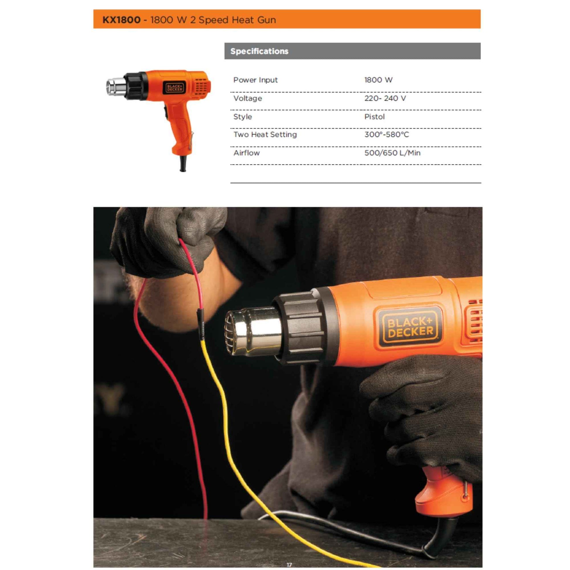 BLACK+DECKER KX1800-B1, 1800 W, Dual Temperature High Speed Corded Heat Gun for Removing & Drying Paint Coats, Remelting Adhesives & Shrink Wrapping, 3 Metre Cable, Orange & Black
