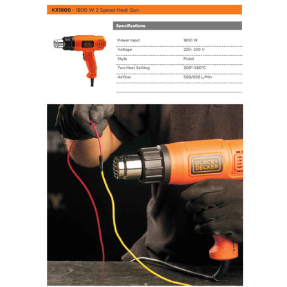 BLACK+DECKER KX1800-B1, 1800 W, Dual Temperature High Speed Corded Heat Gun for Removing & Drying Paint Coats, Remelting Adhesives & Shrink Wrapping, 3 Metre Cable, Orange & Black