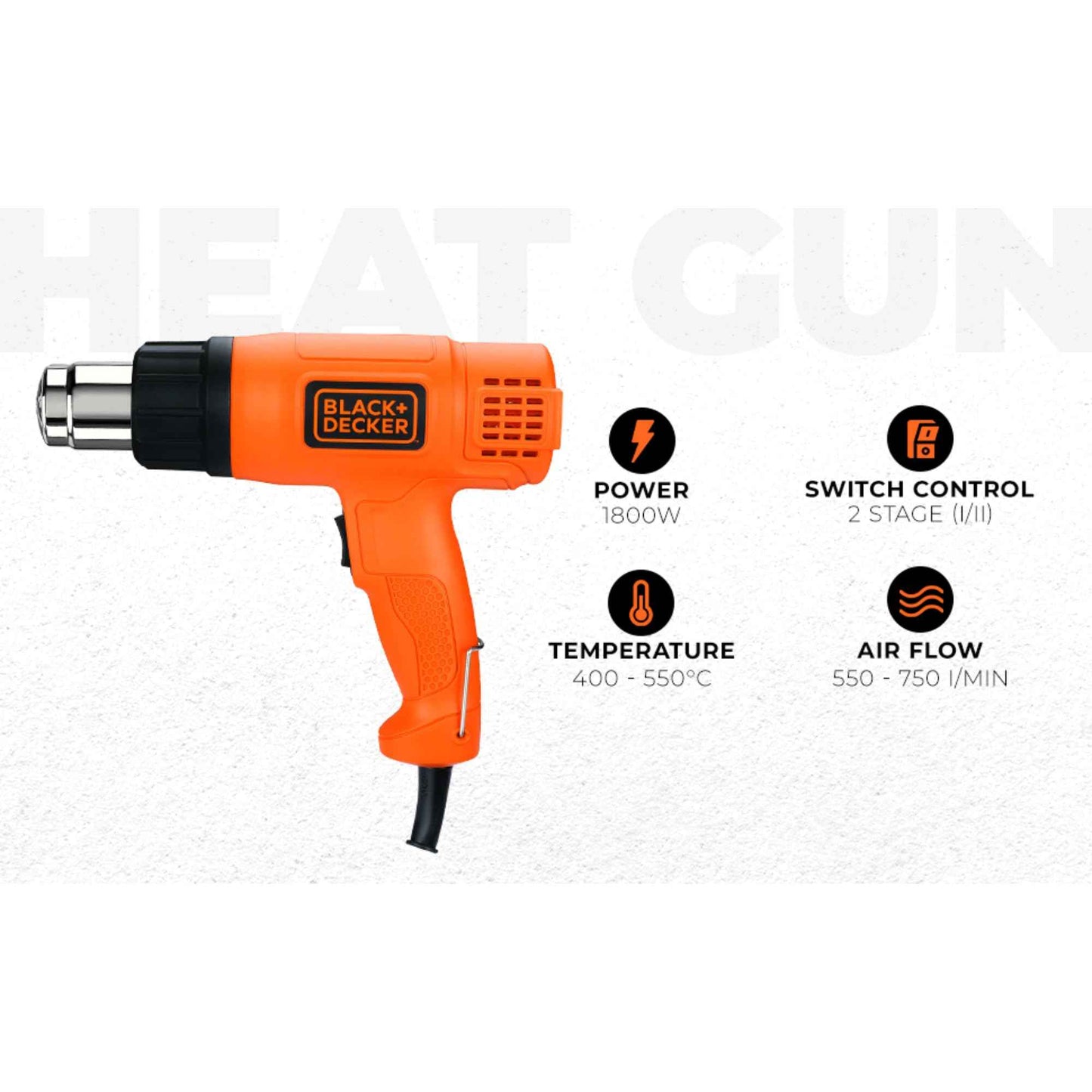BLACK+DECKER KX1800-B1, 1800 W, Dual Temperature High Speed Corded Heat Gun for Removing & Drying Paint Coats, Remelting Adhesives & Shrink Wrapping, 3 Metre Cable, Orange & Black