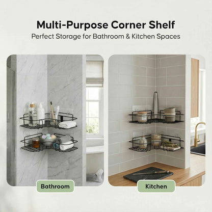 DALUCI Set of 2 Metal Bathroom Corner Shelf Rack | No Drilling Self Adhesive Wall Mounted Storage Organizer for Bathroom & Kitchen | Rustproof Bathroom Shelves (8 & 9 INCH, Black)