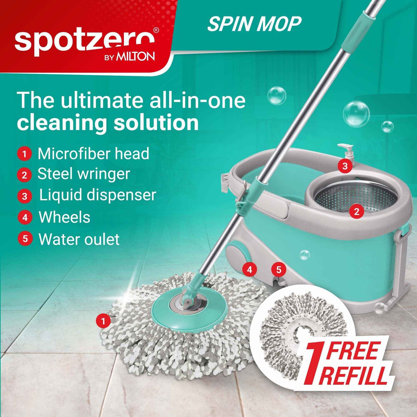 Spotzero by Milton Prime Stainless Steel Wringer Spin Mop with Big Wheel, Puller Handle, Bucket Floor Cleaning and Mopping System 360° Flexible,2 Microfiber Refills, Big Size, Aqua Green - Home