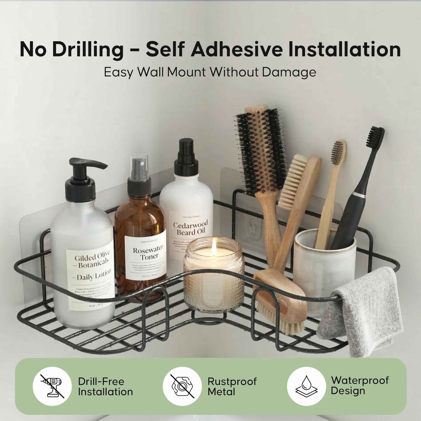 DALUCI Set of 2 Metal Bathroom Corner Shelf Rack | No Drilling Self Adhesive Wall Mounted Storage Organizer for Bathroom & Kitchen | Rustproof Bathroom Shelves (8 & 9 INCH, Black)