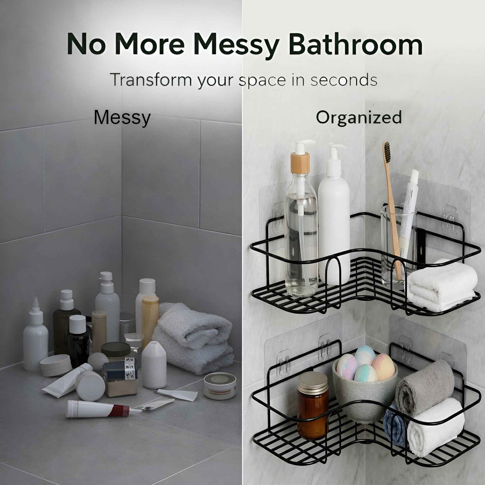 DALUCI Set of 2 Metal Bathroom Corner Shelf Rack | No Drilling Self Adhesive Wall Mounted Storage Organizer for Bathroom & Kitchen | Rustproof Bathroom Shelves (8 & 9 INCH, Black)