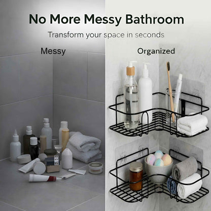 DALUCI Set of 2 Metal Bathroom Corner Shelf Rack | No Drilling Self Adhesive Wall Mounted Storage Organizer for Bathroom & Kitchen | Rustproof Bathroom Shelves (8 & 9 INCH, Black)