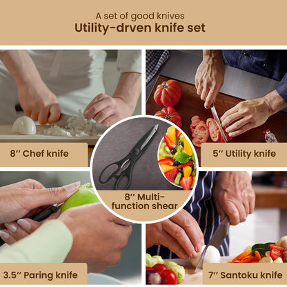 6 Pcs Kitchen Knife Set, 4 Knives, 1 Scissor, 1 Wooden Case, Home & Restaurant Use - VibeDroid
