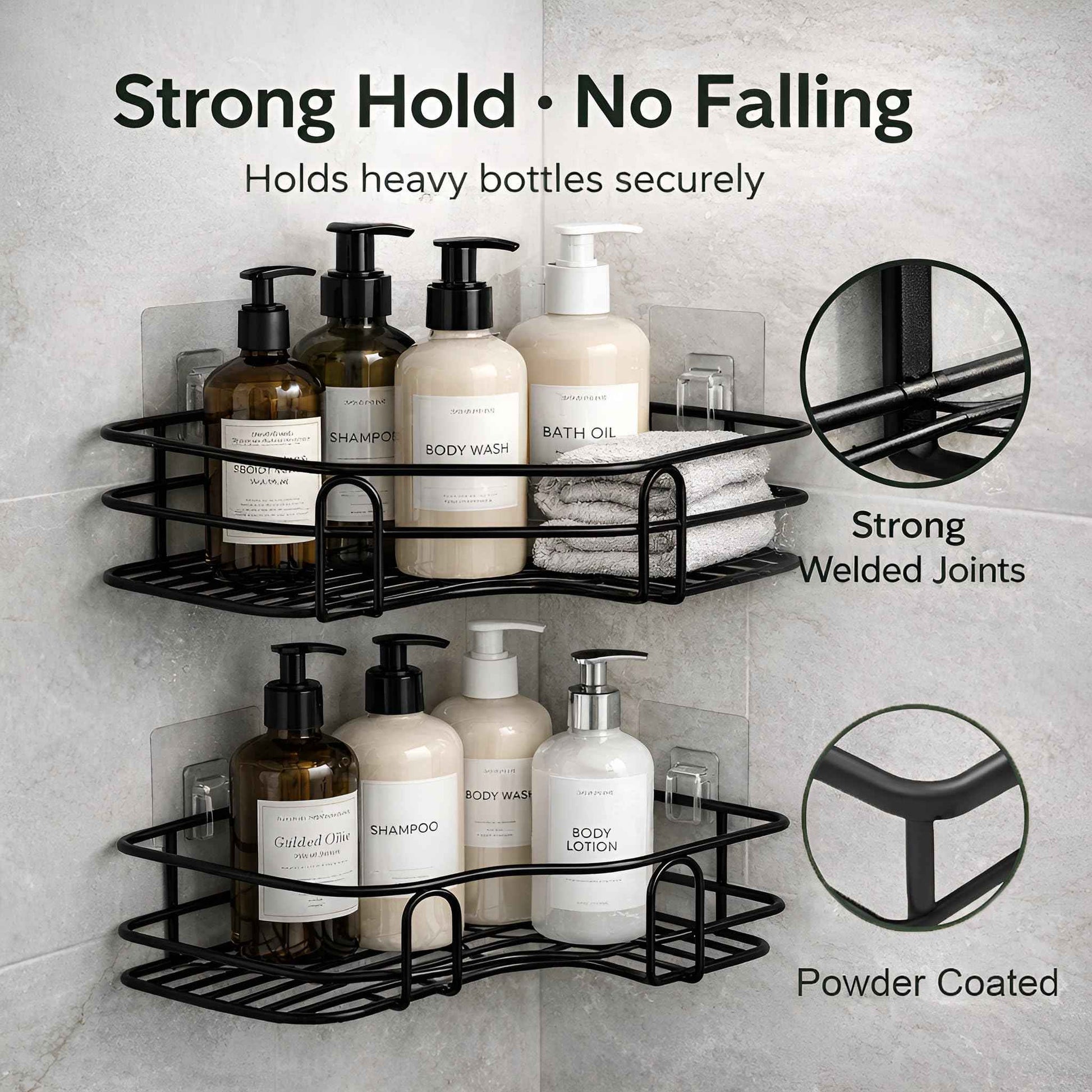 DALUCI Set of 2 Metal Bathroom Corner Shelf Rack | No Drilling Self Adhesive Wall Mounted Storage Organizer for Bathroom & Kitchen | Rustproof Bathroom Shelves (8 & 9 INCH, Black)