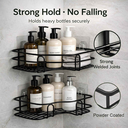 DALUCI Set of 2 Metal Bathroom Corner Shelf Rack | No Drilling Self Adhesive Wall Mounted Storage Organizer for Bathroom & Kitchen | Rustproof Bathroom Shelves (8 & 9 INCH, Black)