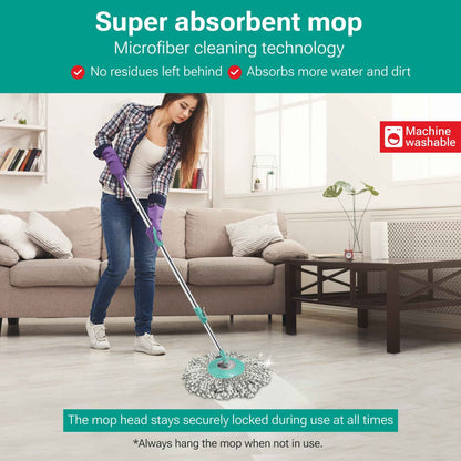 Spotzero by Milton Prime Stainless Steel Wringer Spin Mop with Big Wheel, Puller Handle, Bucket Floor Cleaning and Mopping System 360° Flexible,2 Microfiber Refills, Big Size, Aqua Green - Home