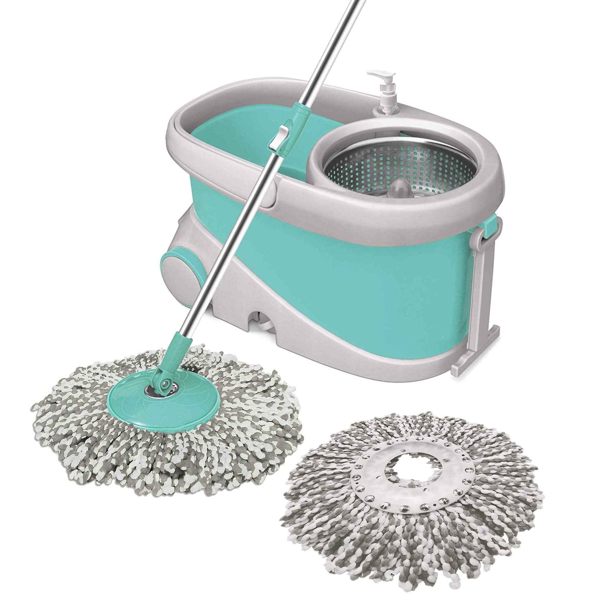 Spotzero by Milton Prime Stainless Steel Wringer Spin Mop with Big Wheel, Puller Handle, Bucket Floor Cleaning and Mopping System 360° Flexible,2 Microfiber Refills, Big Size, Aqua Green - Home